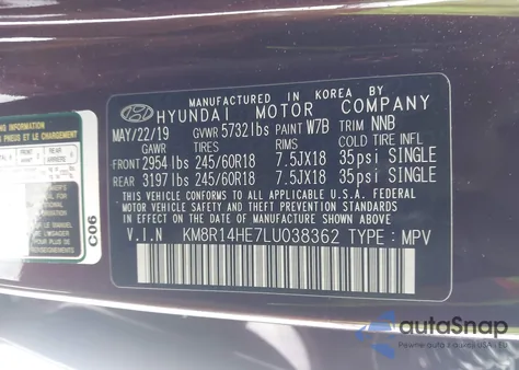 2020 Hyundai Palisade Se z USA, uszkodzony, nr VIN KM8R14HE7LU038362